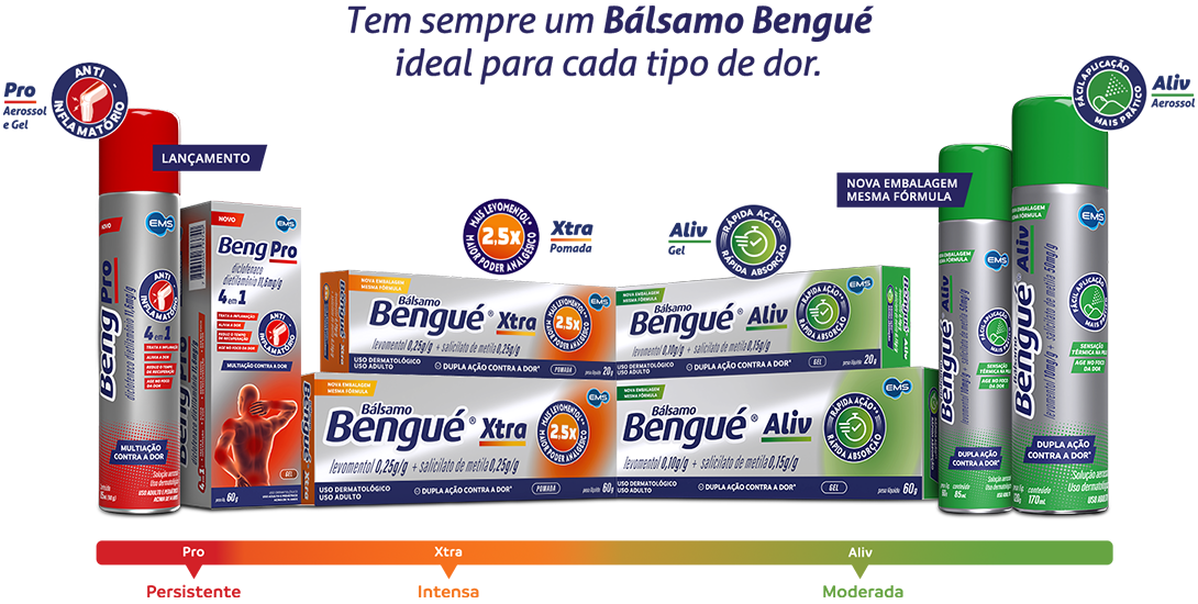 Bálsamo Bengué com os produtos Pro, Xtra e Aliv em destaque.